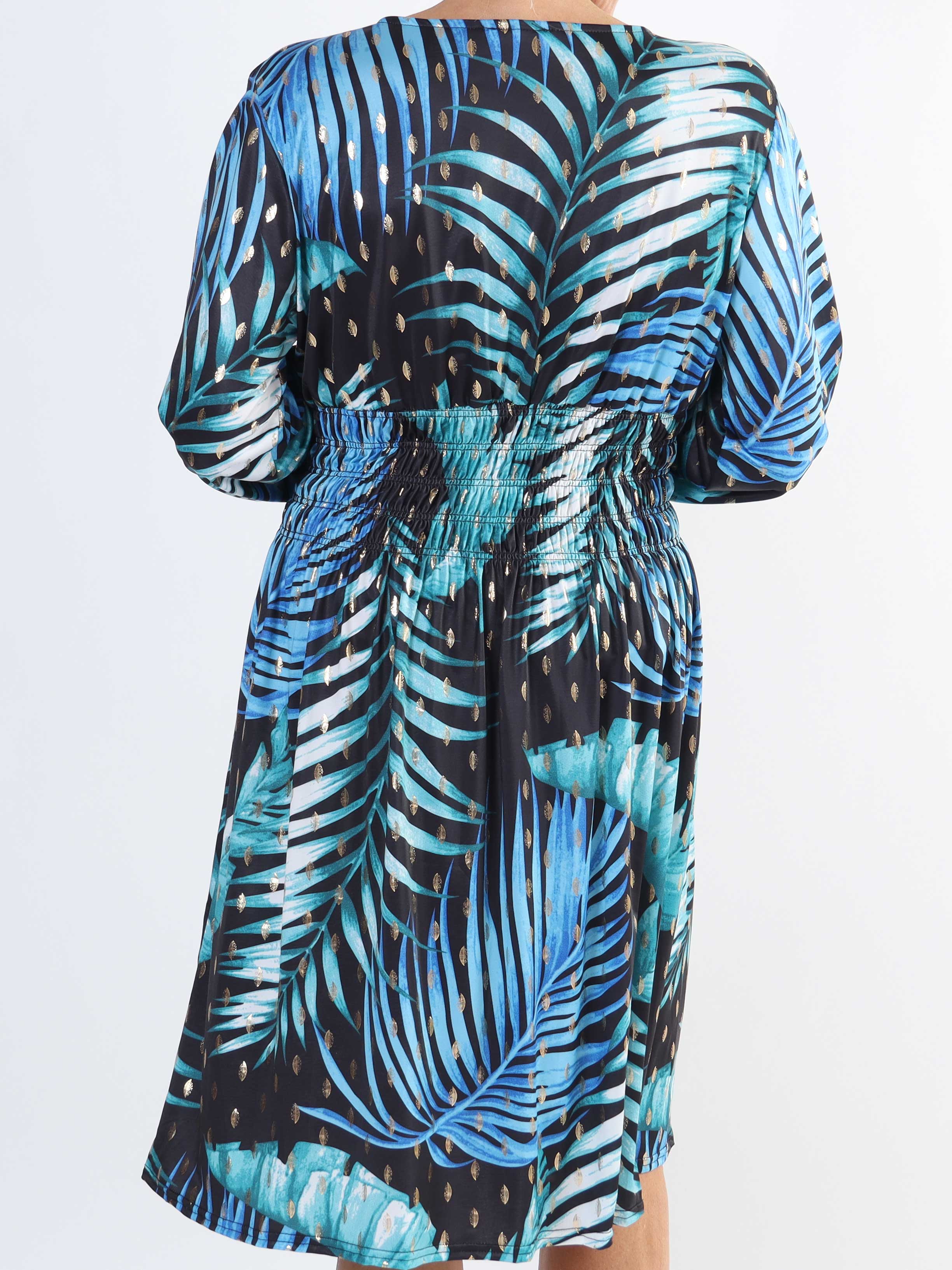 Pams Leaf Short L/S - Elastisk mønstret plus size kjole i krølfrit stof